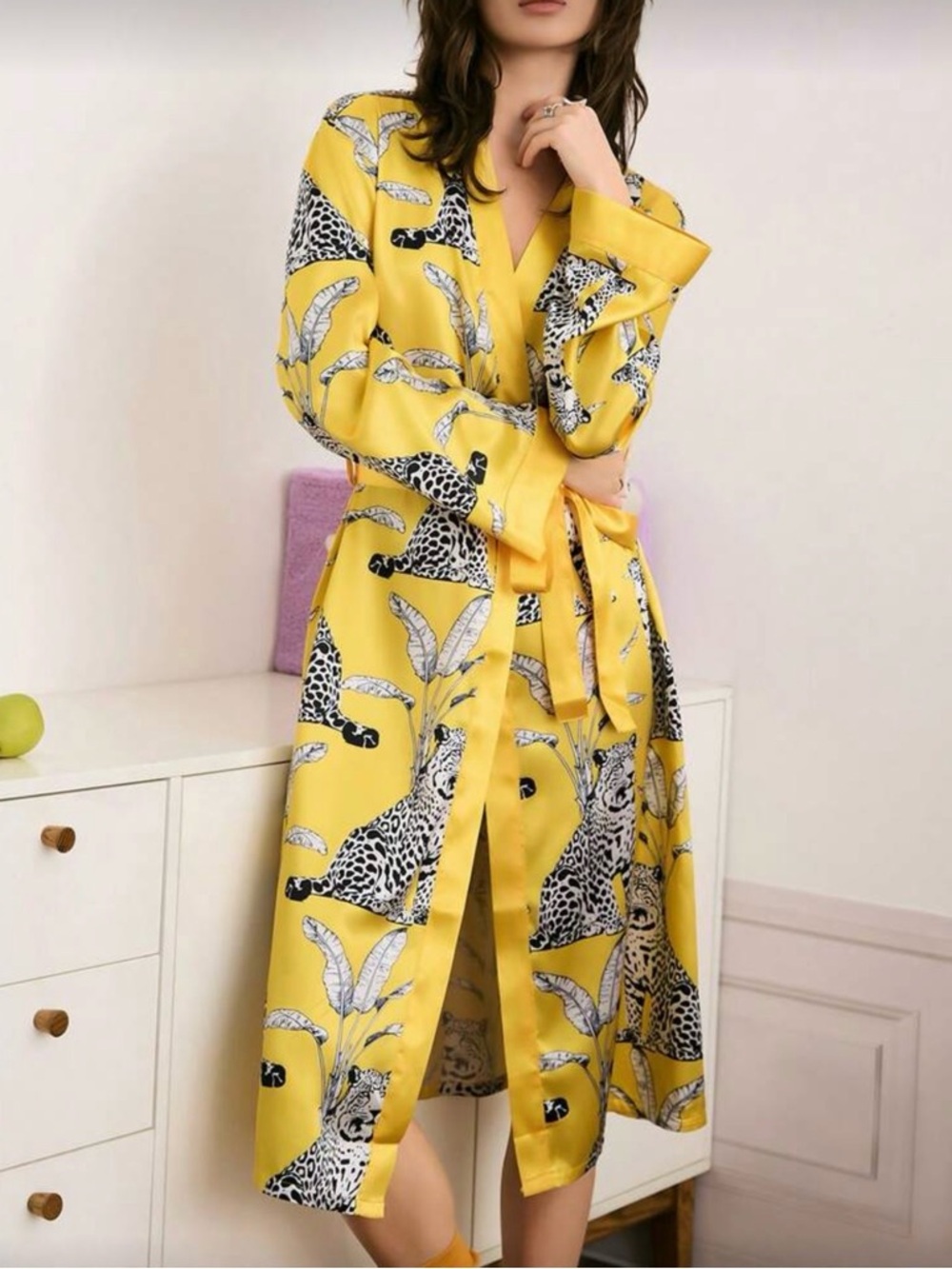 •Lounging in Leopard• Yellow Animal Print Satin Kimono Robe | Belted Loungewear - Picture 3 of 3